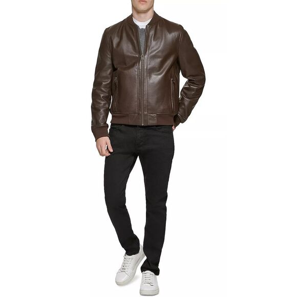 Cole Haan Mens Bonded Leather Varsity Jacket Medium Java - NWT $698 - Picture 1 of 5